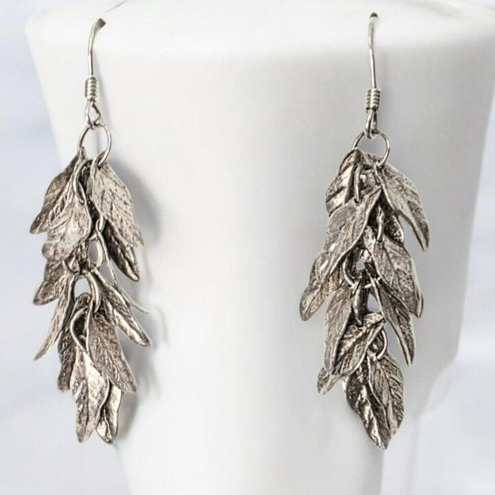 Vintage Sterling Silver Leaf Cascading Dangle Earrings 925 Feathers Drop Boho